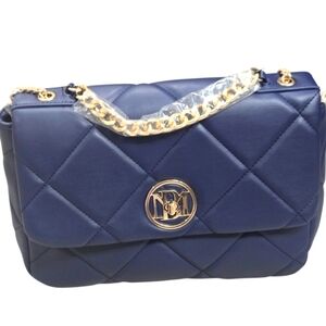 Badgley Mischka $139 Retail Quilted Navy Blue Bag Gold Chain Vegan Leather Purse